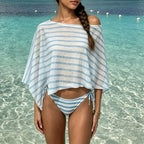 Boho Striped Asymmetrical Bikini Cover Up Top Off Shoulder Sheer Loose Blouse Shawl Women Beach Pool Holiday Wear Shirt Shrug - Matrix Studios
