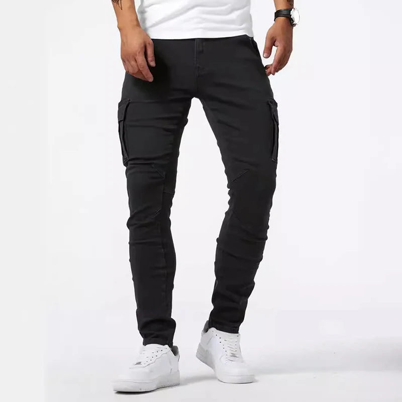 Men Casual Pencil Jeans Male Elastic Multi Pocket Small Slim High Street Denim Pants Wash Solid Color Mid Waist Cargo Jeans - Matrix Studios