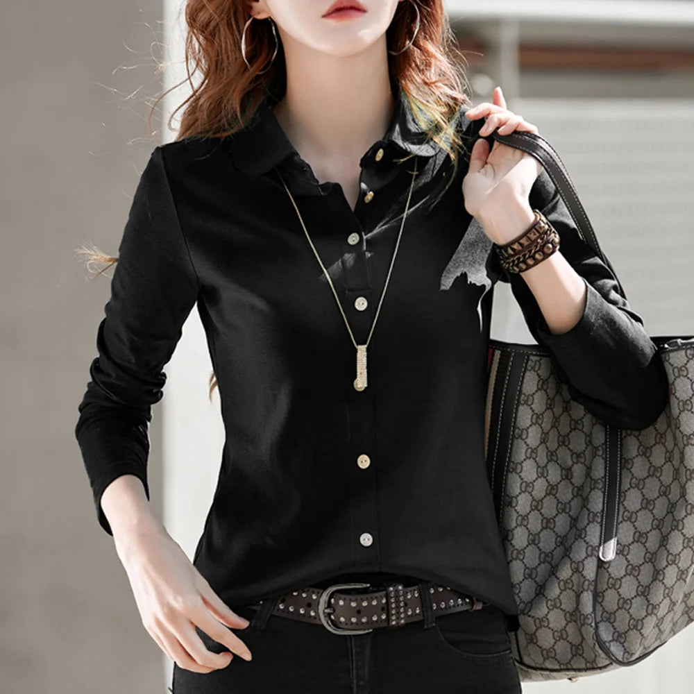 Pure cotton polo collar long sleeved t-shirt women's loose spring/summer new slimming and versatile fashion polo collar top - Matrix-studios.com