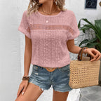 Women's Summer Blouse Fashion Elegant Short Sleeve Hollow Out Shirts Casual Solid O-Neck Loose Shirt Plus Size Tops 2025 Clothes - Matrix-studios.com