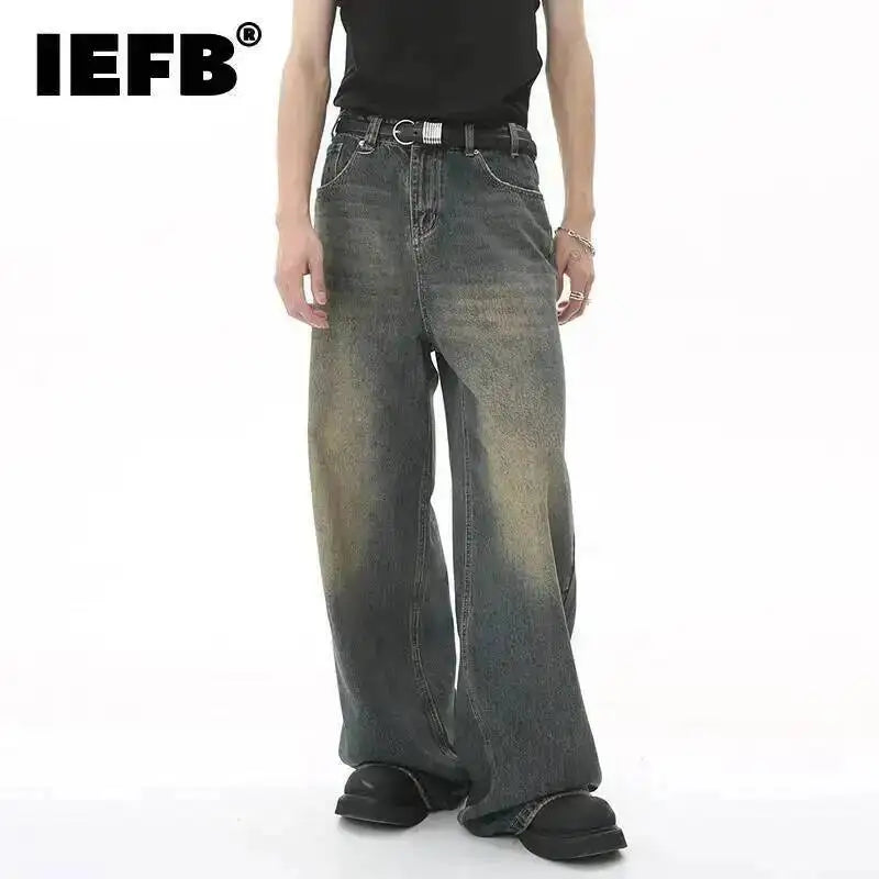 IEFB Summer Men's Denim Pants Old Blue Washed Male Jeans Straight Casual Menwear Loose Wide Leg Trousers New Fashion 9C354 - Matrix Studios
