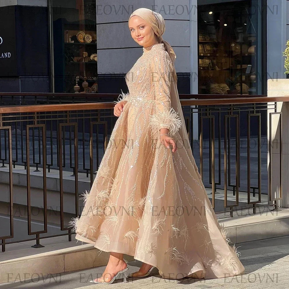 Customized Long Sleeve Feathers High Low Prom Gown Temperament Middle Eastern Dress Lace Evening Muslim Clothing Party Dresses - Matrix Studios
