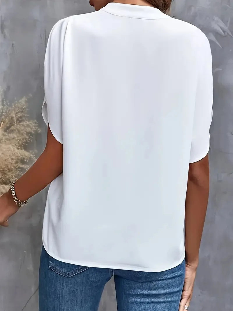 Summer Elegant Women's Blouse New V-neck Short Sleeve Solid Color Loose Shirt Casual White Tops Office Lady Blouses - Matrix-studios.com