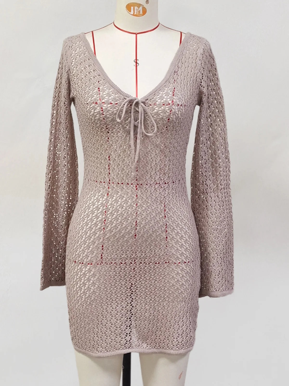 V Neck Long Sleeve Hollow Out Crochet Knitted Tunic Beach Cover Up Cover-ups Beach Dress Beach Wear Beachwear Female Women V6081 - Matrix Studios