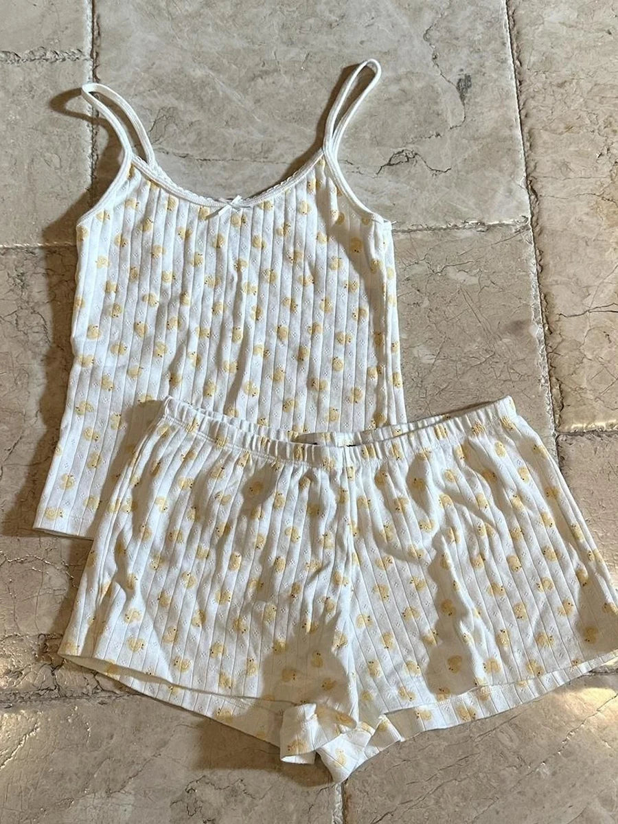 Strawberry Vest Shorts 2 Pieces Set Woman Eyelet Bow Slim Tank Top with Elastic Waist Patchwork Straight Short Pant Sweet Sets - Matrix-studios.com