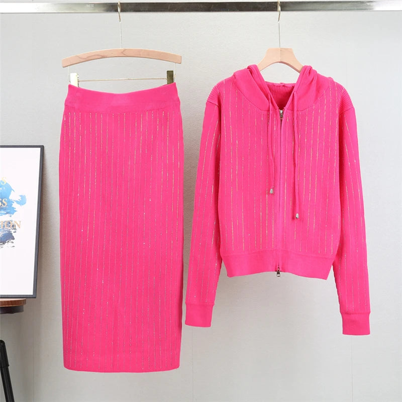 2025 new women's Knitted Cardigan High Waisted Buttocks Wrapped  Skirt 2 Piece Suits Luxury Hot Diamond Fashion Sets - Matrix-studios.com