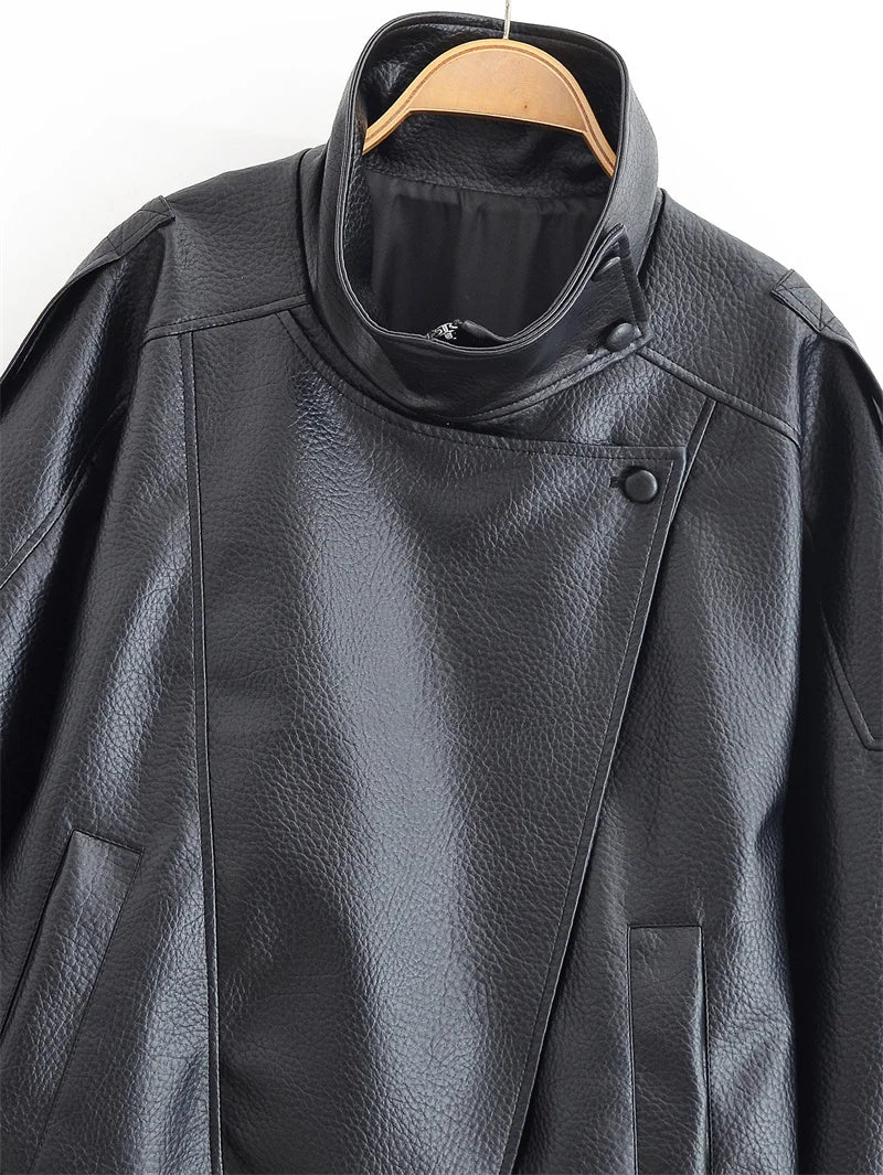 Women's Jacket 2026 Autunm  New Black Long Sleeve Pebble Faux Leather Jacket Motorcycle Style Personality Fashion - Matrix Studios