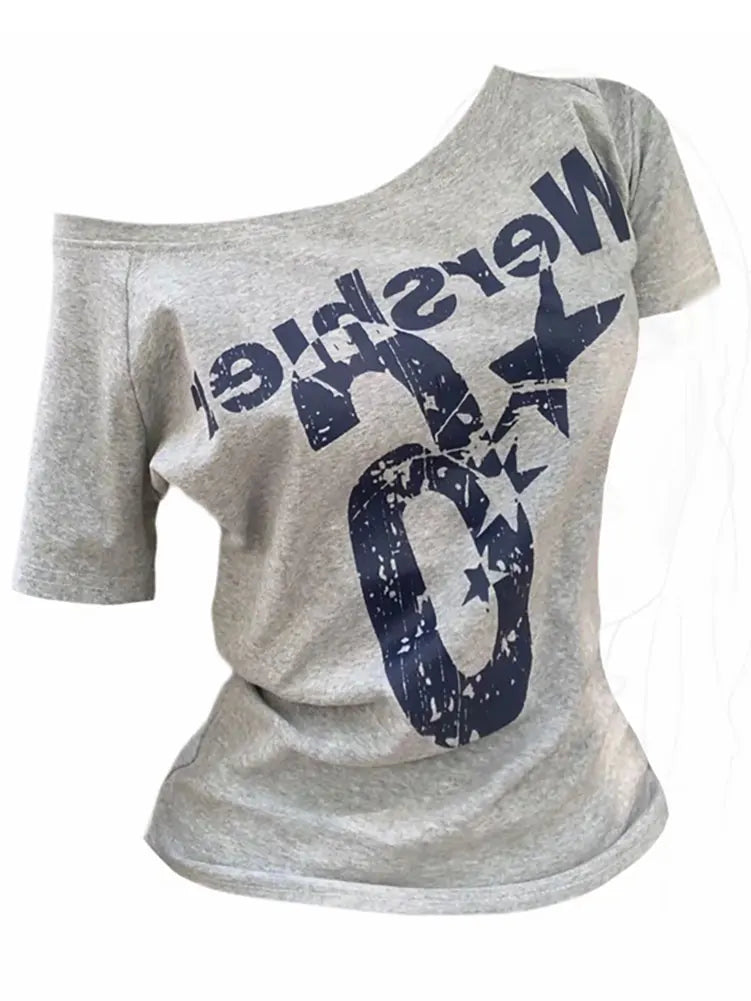 Summer Y2k Sport Off Shoulder Top Women Sexy Vintage 2000s Short Sleeve T Shirt Lady Body Basic Crop Top Female Casual - Matrix-studios.com