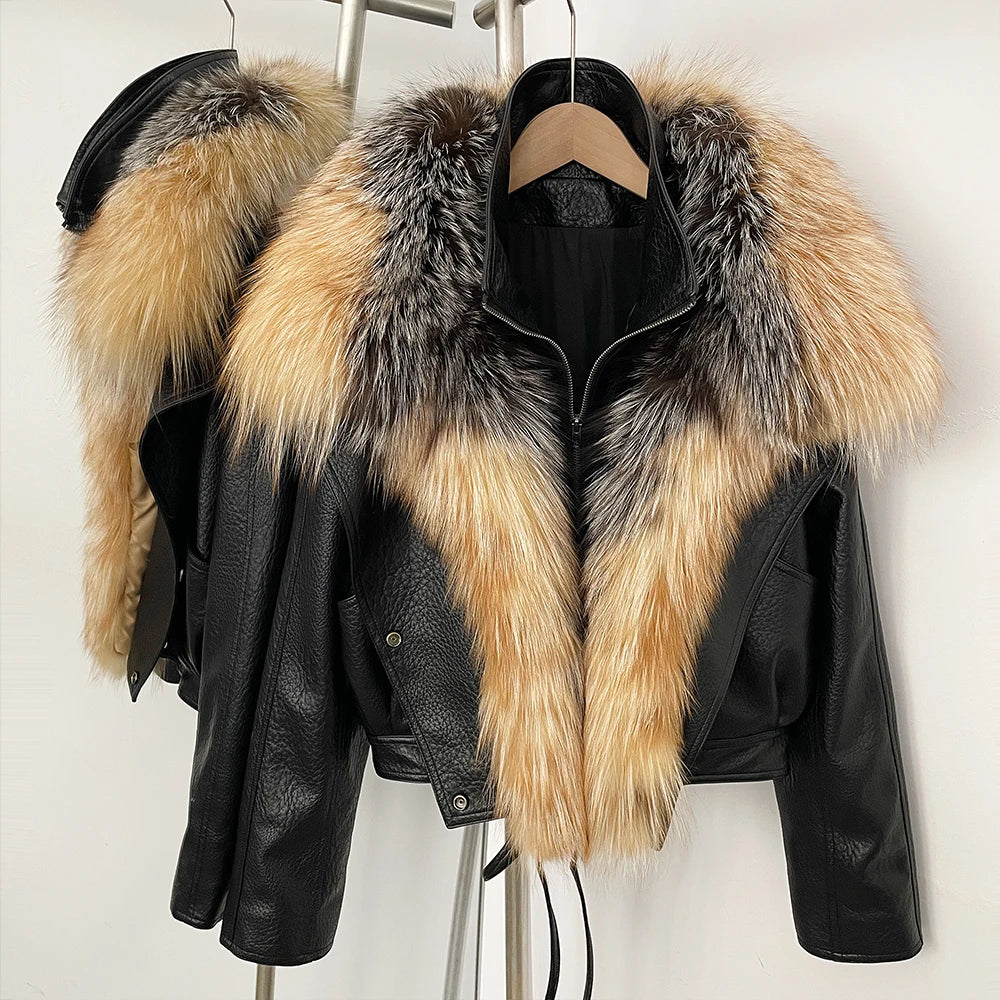 OFTBUY Women's Faux Leather Moto Jacket with Real Fox Fur Collar PU Leather Cropped Biker Coat with Lace-Up New Winter Outerwear - Matrix Studios