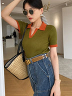 Women's T-shirt Polo Collar Short Sleeve Fashion Blouses 2026 Female Slim Knitted Tee White Skinny Casual Women Summer Tank Top - Matrix-studios.com