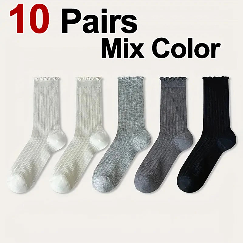 5/10 Pairs Women Solid Color Mesh Mid Tube Socks Summer Lightweight Breathable Fashionable Wavy Edge Ballet Style Casual Socks - Matrix Studios