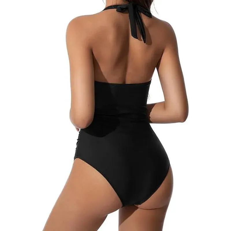 Leopard Print Wrinkled Halter V Neck One Piece Swimsuit Women Swimwear Monokini Backless Bathing Suit Swim Beachwear Bodysuit - Matrix Studios