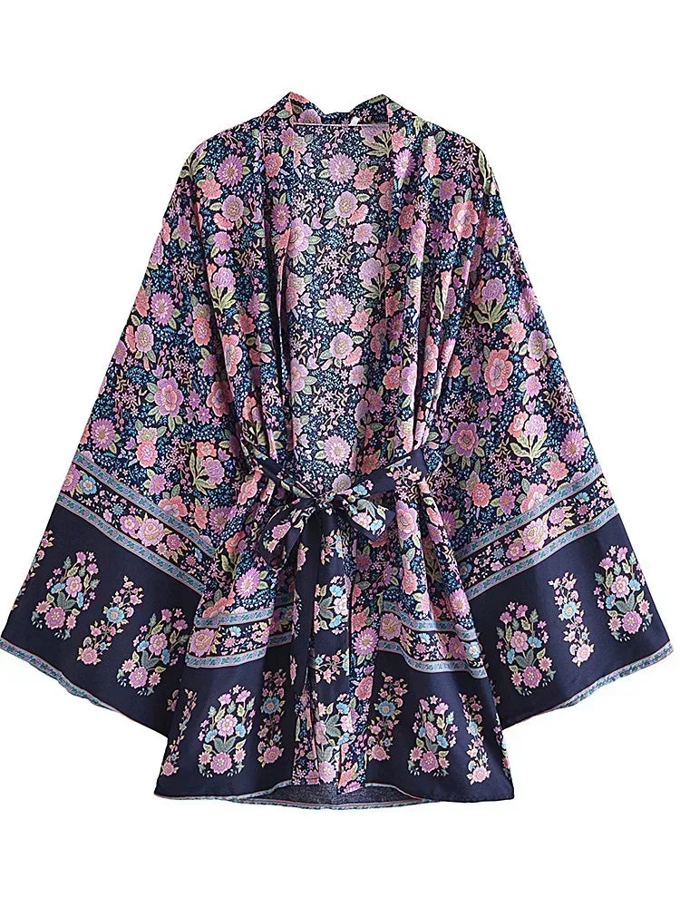 Boho Queens Multi Floral Print Sashes Kimono Women Batwing Sleeve Bohemian Bridesmaid Robe Vacation Beach Boho Bikini Cover-ups - Matrix Studios