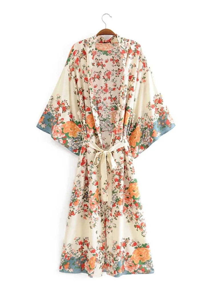 Bohemian Printed Bikini Cover-ups Green Tunic Long Kimono Cardigan Plus Size 2023 Women Beach Wear Swim Suit Cover Up A155 - Matrix Studios