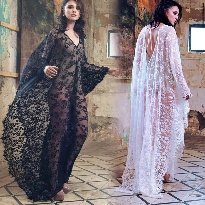 Sexy Lace Beach Bikini Cover Up Robe Pareo Beachwear Swimwear Women Dress Black White Swimsuit Hollow Out See-through Vacation - Matrix Studios