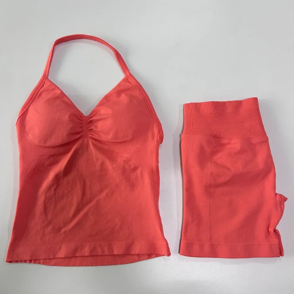 No Logo 2 Pieces Sports Set Women Backless Tank Tops High Waist Scrunch Seamless Shorts Gym Set Sportswear Workout Set Yoga - Matrix-studios.com