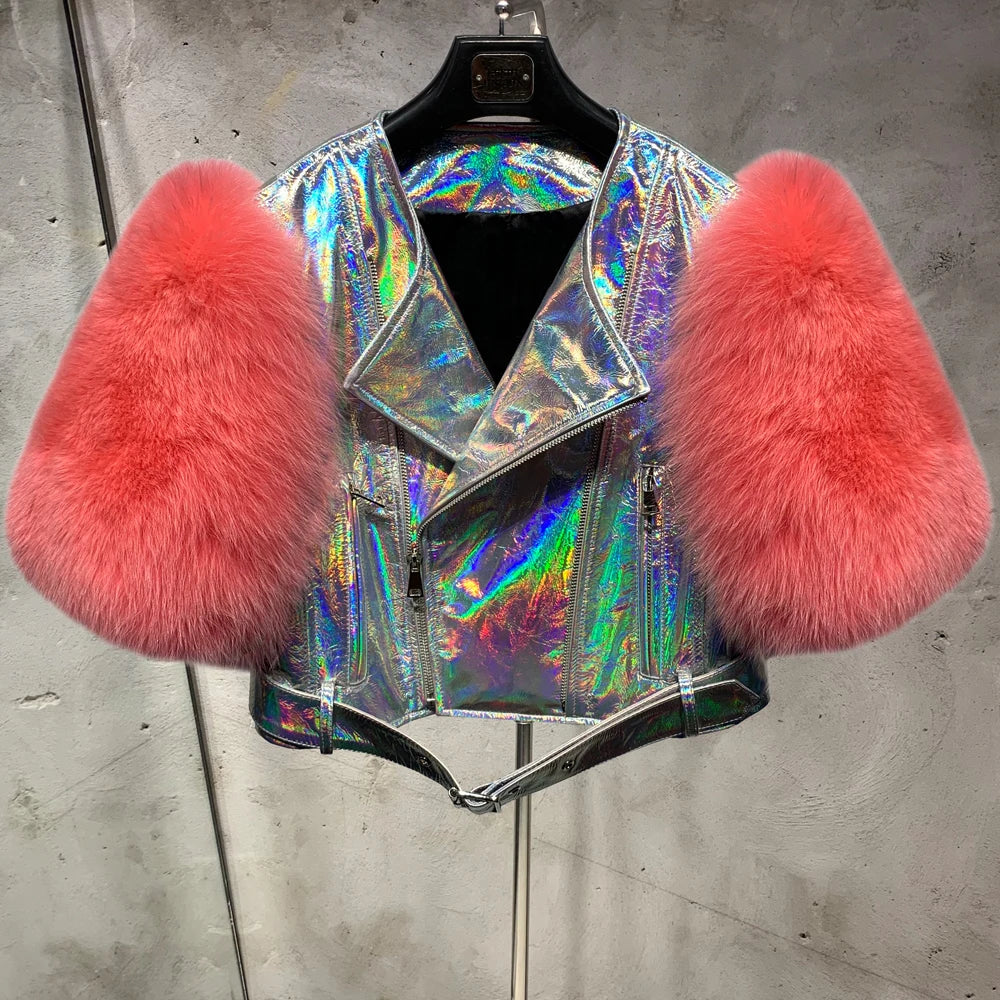 Leather Fur Jacket Natural Fur Sleeve Ladies Short Leather Jacket Real Fox Fur Sleeve Coat Women Autumn 21001-1 - Matrix Studios