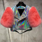 Leather Fur Jacket Natural Fur Sleeve Ladies Short Leather Jacket Real Fox Fur Sleeve Coat Women Autumn 21001-1 - Matrix Studios
