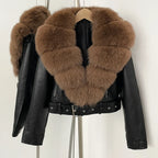 Fake Leather Coat New Natural Fox Fur Autumn Short Faux Leather Jacket Female Spring PU Women Long Sleeve Real Fur Coat Thin - Matrix Studios