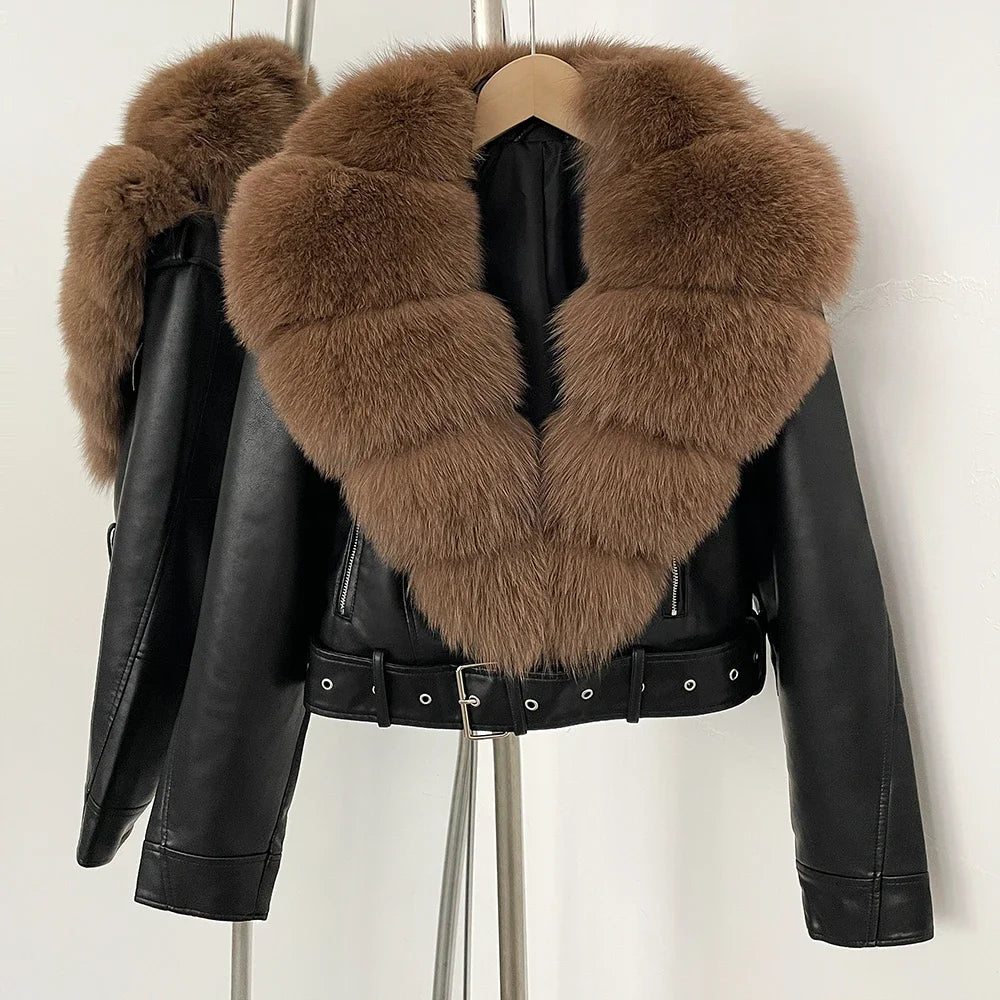 Fake Leather Coat New Natural Fox Fur Autumn Short Faux Leather Jacket Female Spring PU Women Long Sleeve Real Fur Coat Thin - Matrix Studios