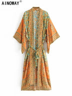 Vintage Chic Women Yellow Floral Print Beach Bohemian Kimono Ladies V Neck Batwing Sleeves Maxi Robe Boho Bikini Cover-ups - Matrix Studios