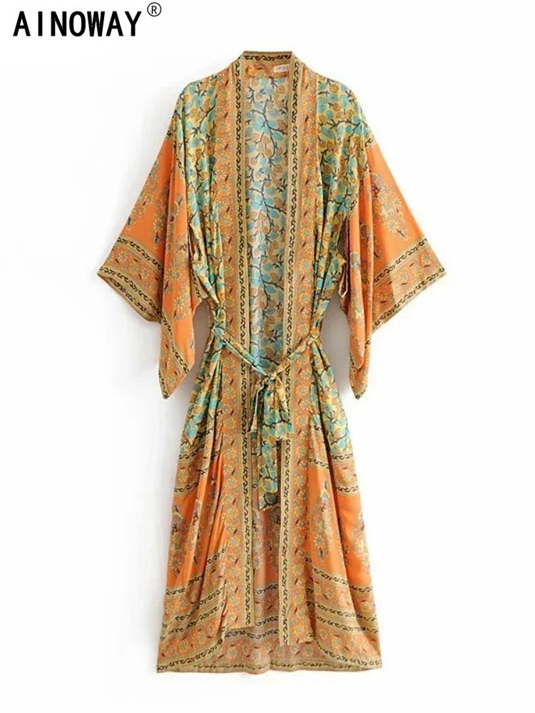 Vintage Chic Women Yellow Floral Print Beach Bohemian Kimono Ladies V Neck Batwing Sleeves Maxi Robe Boho Bikini Cover-ups - Matrix Studios