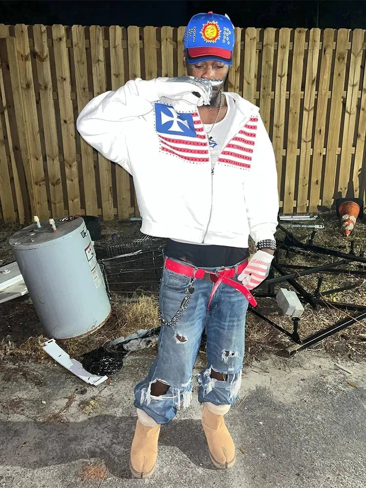Autumn new national flag minimalist design color collision pattern men hooded sweatshirt Harajuku Y2k loose zipper sweatshirt - Matrix Studios