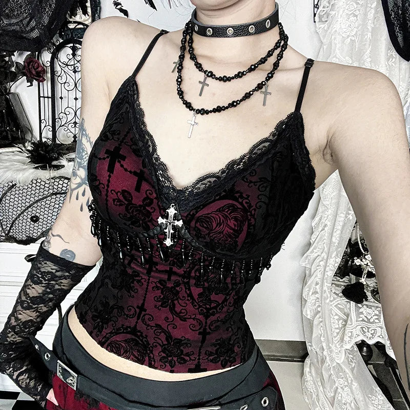 Vintage Mall Gothic Flocking Camisole Women Aesthetic Fairycore Grunge Y2k E-girl Lace Patchwork Beading Crop Tank Tops - Matrix-studios.com