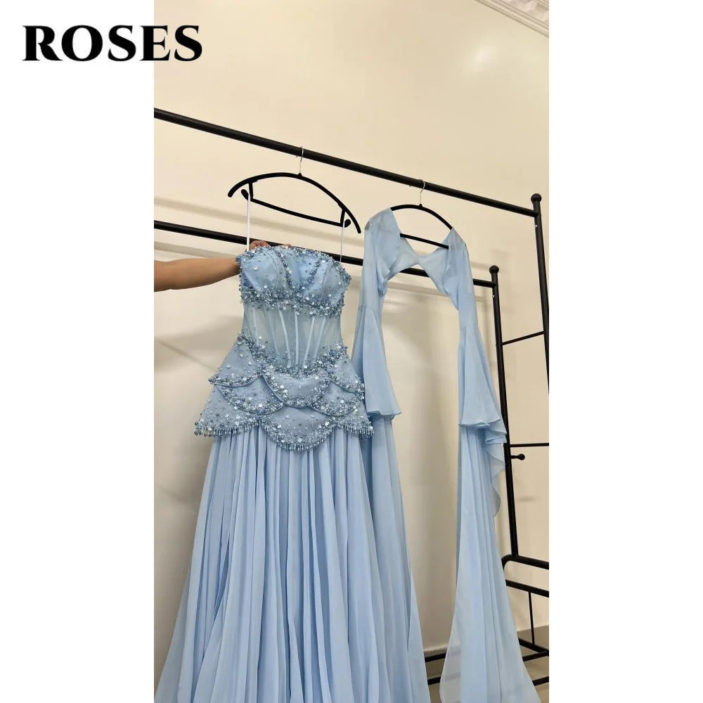ROSES Sky Blue فساتين السهرة Strapless Gala Dress Pleat Beading A-line Prom Dress with Shawl Formal Dress Customized - Matrix Studios