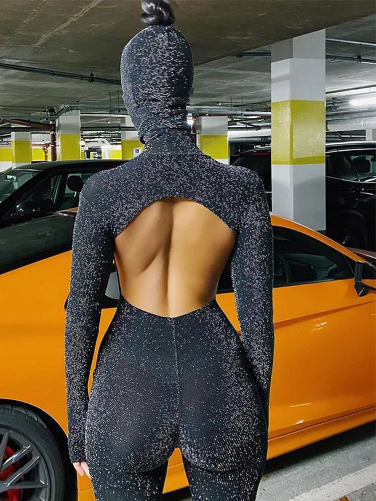 Women's Black Long Sleeve Backless Bodycon Jumpsuit Streetwear Romper Playsuit Solid Color Autumn Winter Fashion 2025 - Matrix Studios