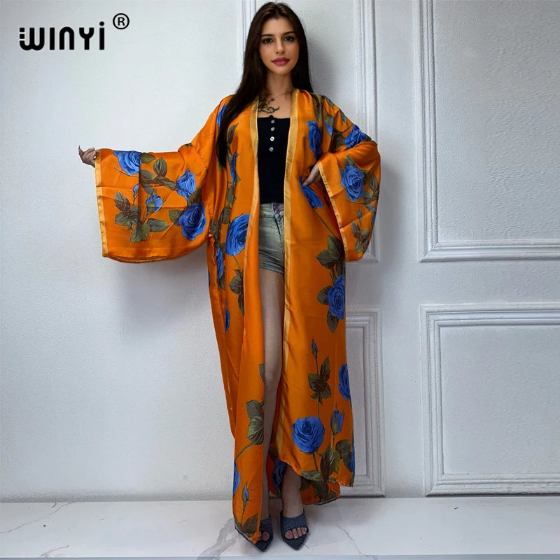 WINYI 2022 africa Boho Printed Long Kimono Dress Bikini Wrap Cover-ups Women Summer Clothes Beach Wear Swim Suit Cover Up kaftan - Matrix Studios