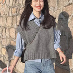 Grey Sleeveless Vest Knitted Vest Women's Autumn and Winter Korean Sweet Style Outerwear Sweater V-neck Casual Knitted Vest - Matrix Studios