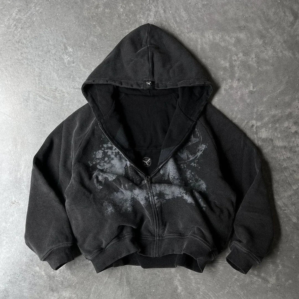 Y2k Gothic Punk Style Printed Star Spot Embroidered Zipper Hoodie Men and Women Fashion Harajuku Retro Oversized Bat Sleeve Top - Matrix Studios