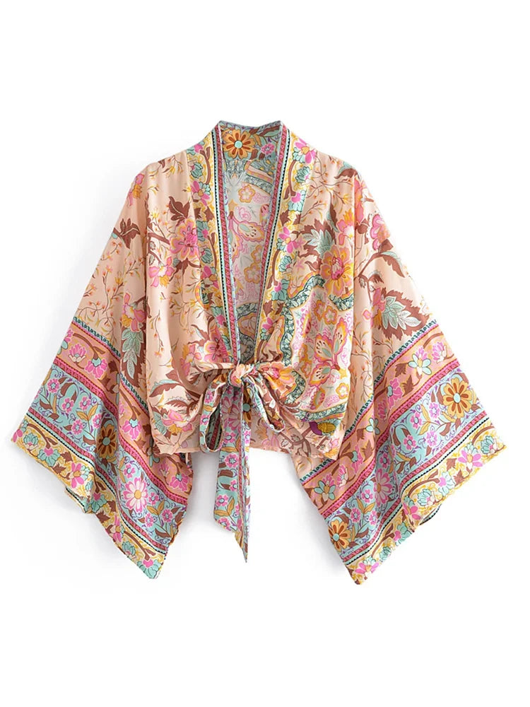 Vintage Peacock Floral Print Short Kimono Women Fashion Rayon Cotton Batwing Sleeves Ladies Beach Robe Bikini Boho Cover-ups - Matrix Studios