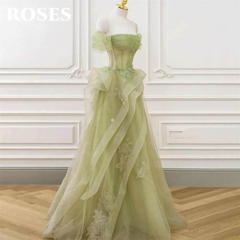 ROSES Sage Green Prom Dress Appliques Tulle Celebrity Dresses Tiered Pleat Women's Evening Dress Sweetheart Formal Gown 프롬 드 - Matrix-studios.com