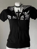 Y2K Subculture Skull Print Zip Cardigan Short Sleeve Women Japan Slim Fit Striped Hoodie Casual Tops Fashion Streetwear Clothes - Matrix Studios