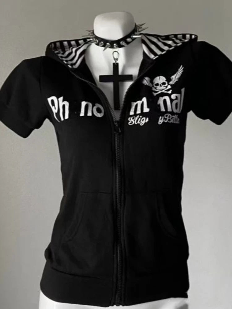 Y2K Subculture Skull Print Zip Cardigan Short Sleeve Women Japan Slim Fit Striped Hoodie Casual Tops Fashion Streetwear Clothes - Matrix Studios