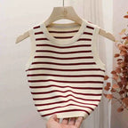 2026 Spring Summer New Sleeveless Ice Silk Knit Tank Top Striped O-Neck Women's Camisole Slim Fit Versatile Sexy Crop Tops - Matrix-studios.com