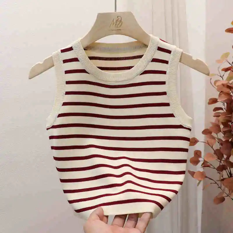 2026 Spring Summer New Sleeveless Ice Silk Knit Tank Top Striped O-Neck Women's Camisole Slim Fit Versatile Sexy Crop Tops - Matrix-studios.com