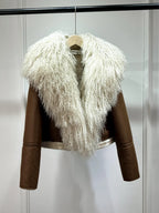 2025 Winter Women Warm Faux Leather Sheepskin Coat Female Zipper Slim Streetwear Moto Biker Jacket Large Real Wool Fur Collar - Matrix Studios
