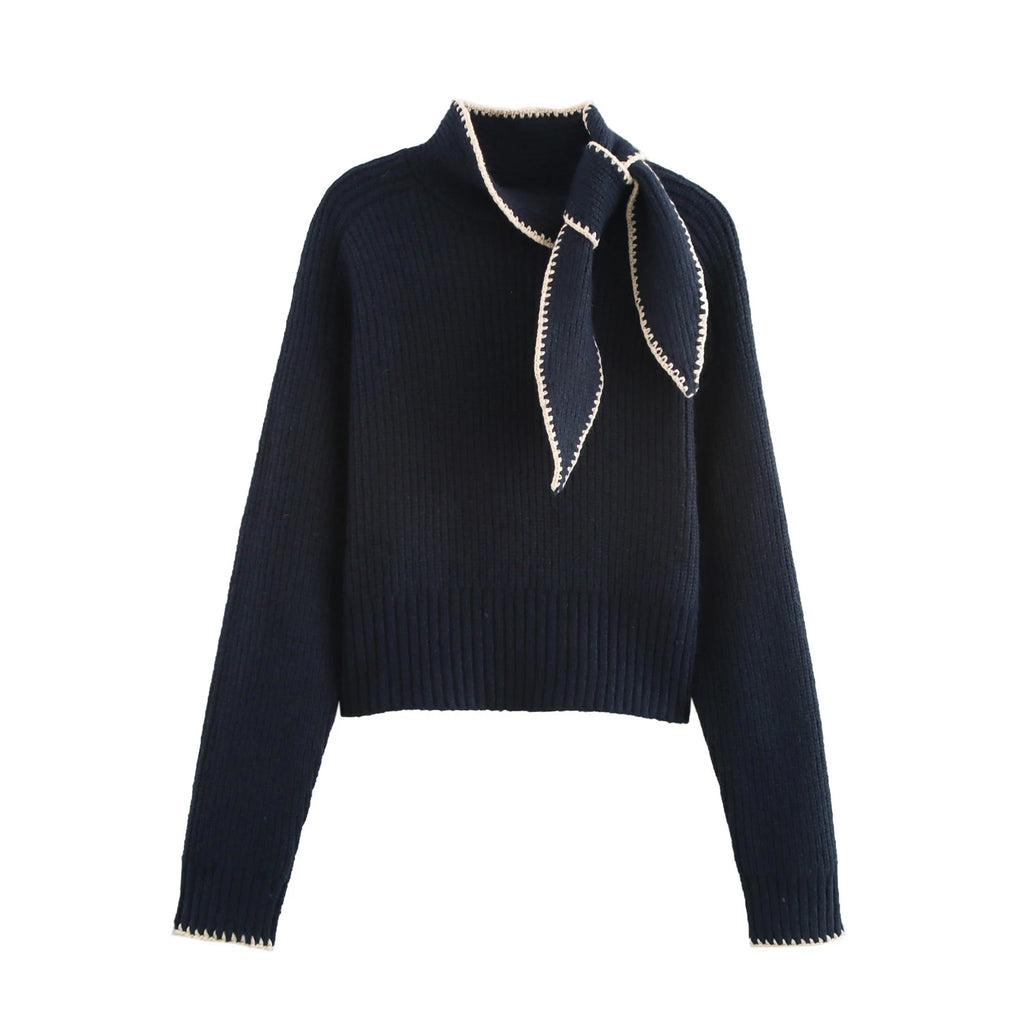 2025 Winter New Sweet and Fashionable Stand up Collar Long Sleeve Bow Decoration Knitted Sweater for Women - Matrix Studios