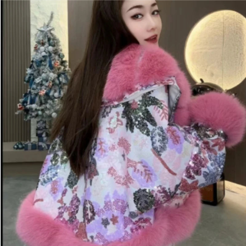 Outcoat The New Fur Cotton-padded Jacket Features Heavy Sequins Outerwear Sweet Faux Leather and A Stylish Thickened Fur Coat - Matrix Studios