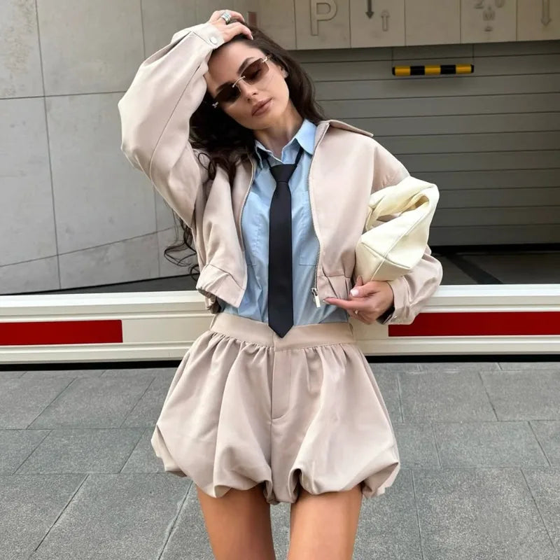 Tuularose Women's 2 Piece Fashion Lapel Zip Jacket Pleated Shorts Suit Vintage Streetwear New Party  Autumn Female Short Sets - Matrix-studios.com