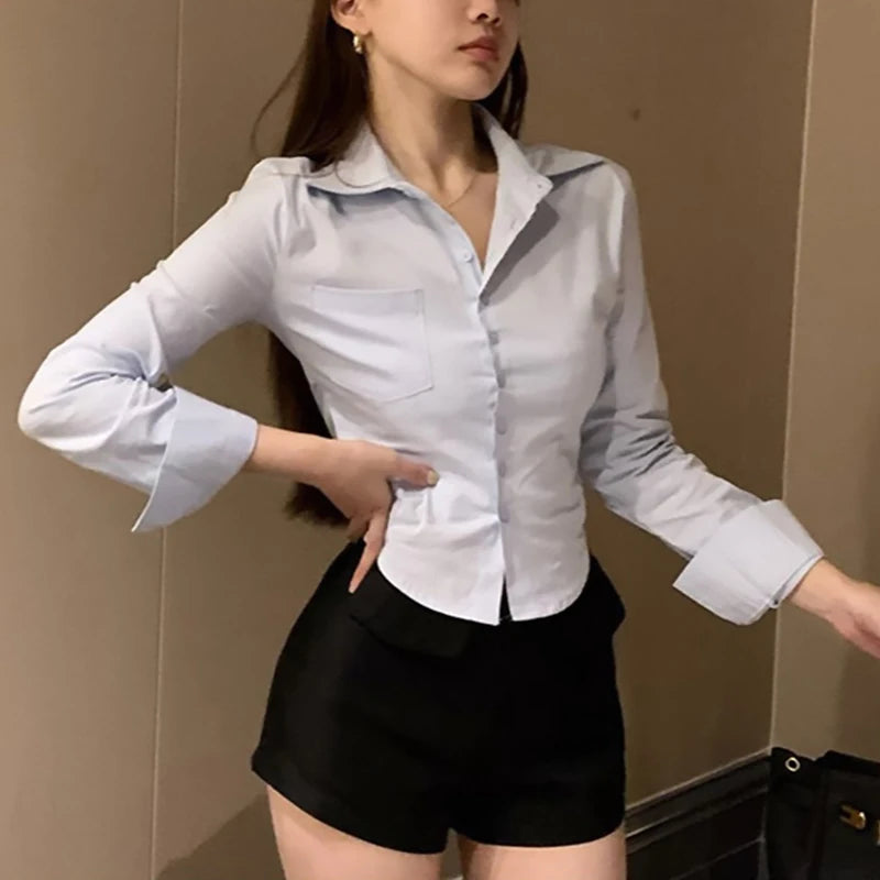 2025 New Female Korean White Office Women Chiffon Shirt Pocket Button Lapel Ladies Blouse Spring Commuter Long Sleeve Crop Tops - Matrix-studios.com