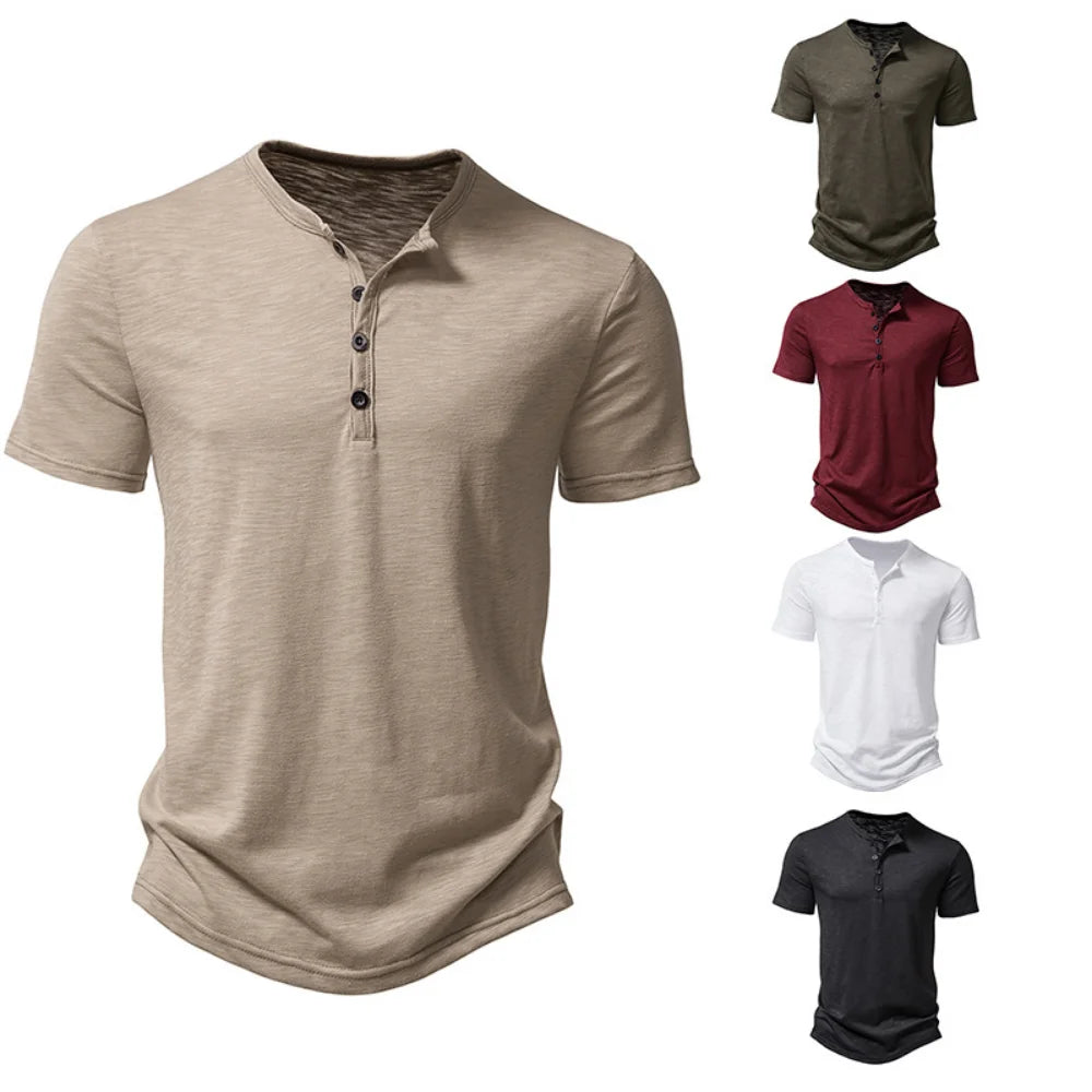 Henley Collar Summer Men Casual Solid Color Short Sleeve T Shirt for Men Polo men High QualityMens T Shirts - Matrix Studios