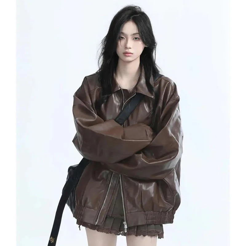 Retro Ladies Fashion Zipper Faux Leather Jacket Spring Autumn Women Long Sleeves Leather Coat 2025 Female PU Leather Outwear - Matrix Studios