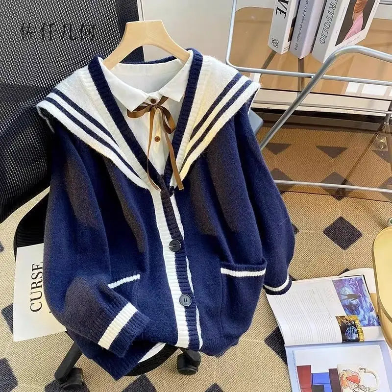Sweet Sailor Collar Sweaters for Women 2025 New Loose College Style Cardigan Woman - Matrix Studios