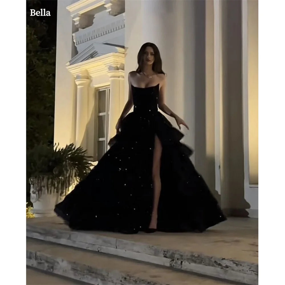 Bella Black Tulle Prom Dresses Side Split A-line Strapless Wedding Dress Elegant Customized Sleeveless Vestidos De Fiesta 2026 - Matrix Studios