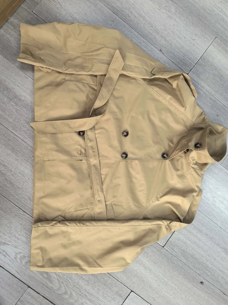 Belted Waist Cropped Trench Jackets Women Double Breasted Stand Collar Coats 2025 Autumn Chic Casual Vintage Jacket Women Cloth - Matrix-studios.com