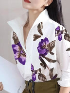Modigirl 2025 Summer Spring Casual White Shirts for Women Long Sleeves Urban Elegant Stand Collar Woman Flower Print Blouse Tops - Matrix-studios.com